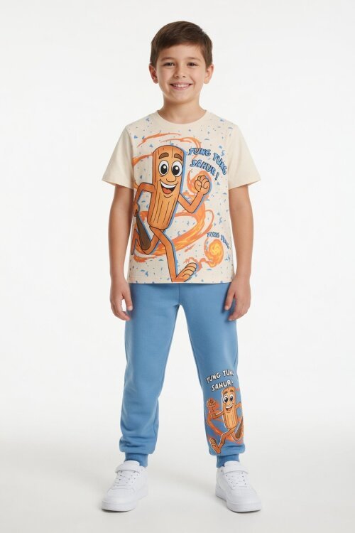 Mavi Baskılı Bisiklet Yaka Tişörtlü Beli Lastikli Erkek Çocuk 2li Takım 23886