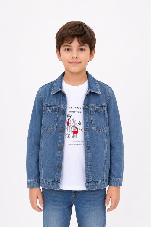 Mavi Baskılı Tişörtlü Erkek Çocuk Jean Gömlek Takımı  24162