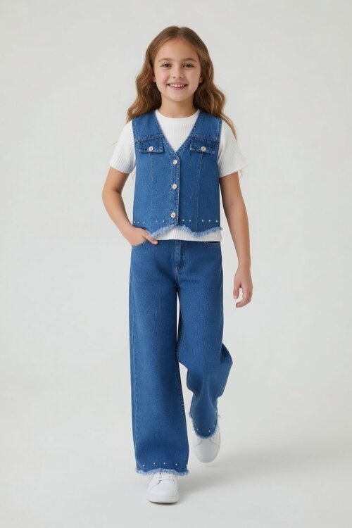 Mavi İnci Detaylı Geniş Paça Pantolonlu Jean Yelekli Kız Çocuk 3lü Takım 24072