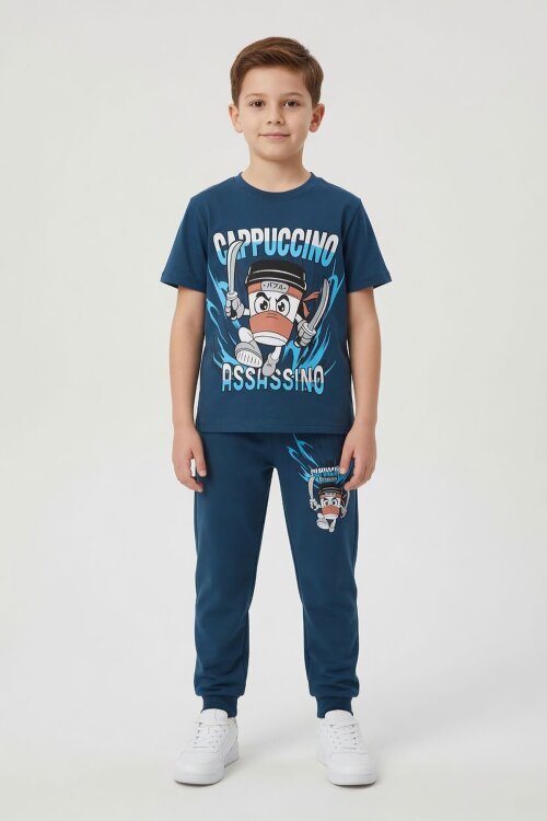 Mavi Karakter Baskılı Bisiklet Yaka Tişörtlü Erkek Çocuk Eşofmanlı Takım 23847