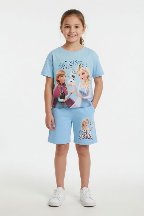 Mavi Karlar Kraliçesi Baskılı Kız Çocuk Tişörtlü Şortlu Takım  23950