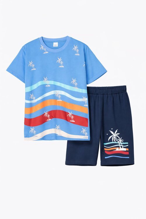 Mavi Palmiye Desenli Bisiklet Yaka Erkek Çocuk Şortlu Takım 20628