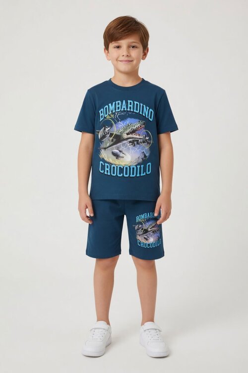 Mavi Uçak Baskılı Yazılı Tişörtlü Erkek Çocuk Şortlu 2li Takım 23922