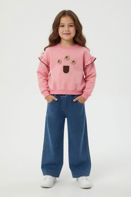 Pembe Çiçek Nakışlı Fırfırlı Badili Jean Pantolonlu Kız Çocuk Takım 24555