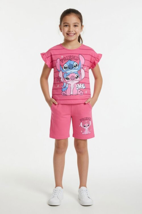 Pembe Çizgili Karakter Baskılı Fırfırlı Kız Çocuk Şortlu 2li Takım  23954