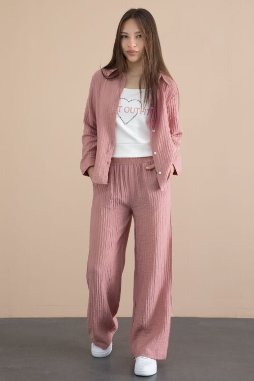 Pembe Geniş Paça Pantolonlu Gömlekli Kız Çocuk Croplu 3lü Alt Üst Takım 24065