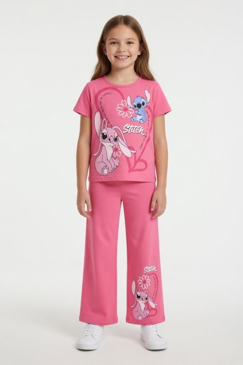 Pembe Kalpli Karakter Baskılı Geniş Paça Pantolonlu Kız Çocuk 2li Takım 23808