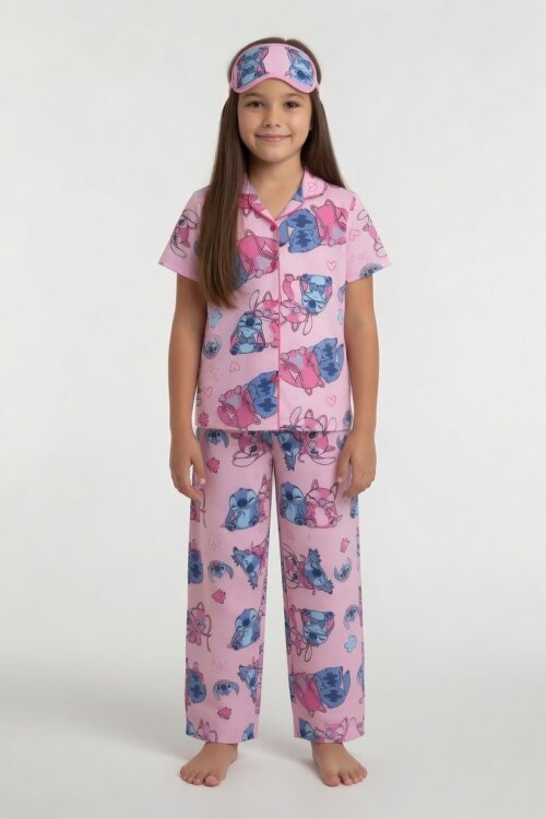 Pembe Karakter Desenli Kısa Kol Kız Çocuk Göz Bantlı Pijama Takımı 24014