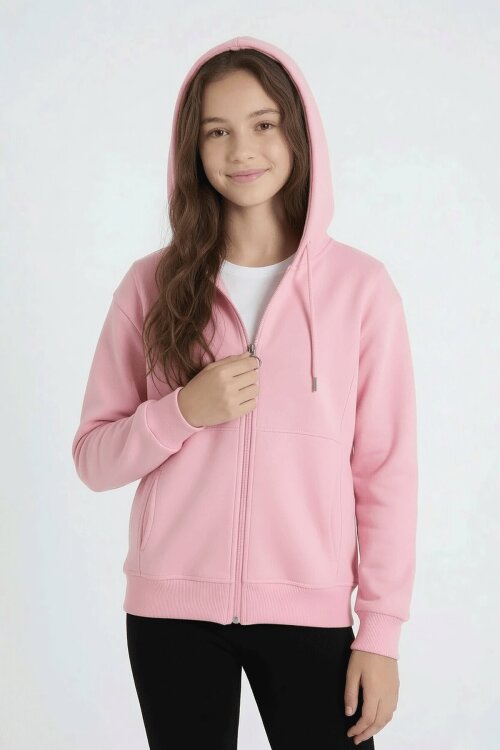 Pembe Kız Çocuk Fermuarlı Kapüşonlu Basic Hırka Şardonlu 24671
