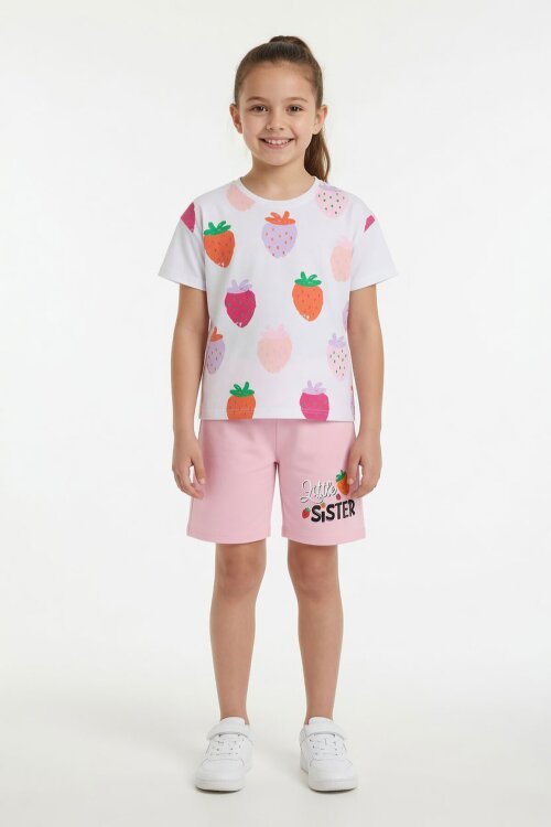 Pembe Meyve Desenli Tişörtlü Kız Çocuk Şortlu Yazlık Takım 23861