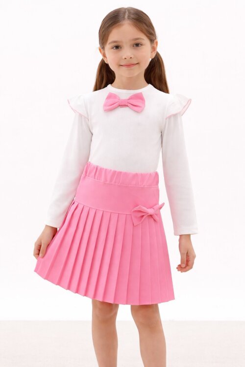 Pembe Piliseli Etekli Uzun Kol Badili Kız Çocuk Elbise Takımı 17741