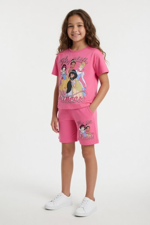 Pembe Prenses Temalı Tişörtlü Kız Çocuk Yazlık Şortlu Takım 23863