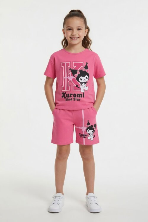 Pembe Sevimli Tavşan Baskı Bisiklet Yaka Kız Çocuk Şortlu Takım 23945