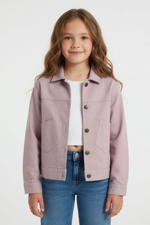 Pembe Sırtı Düğme Detaylı Kız Çocuk Gabardin Kumaş Ceket 23569