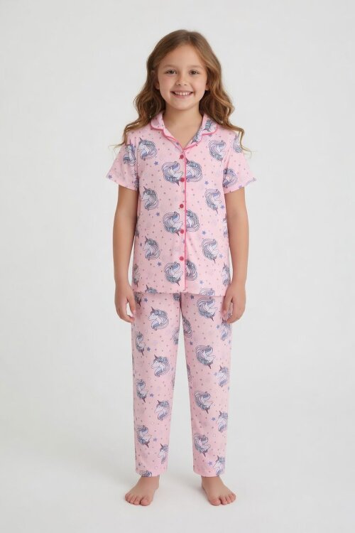 Pembe Unicorn Desenli Kız Çocuk Göz Bantlı Pijama Takımı 24011