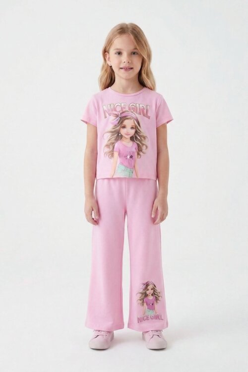 Pudra Kız Karakter Baskılı Geniş Paça Pantolonlu 2li Kız Çocuk Takım 23803