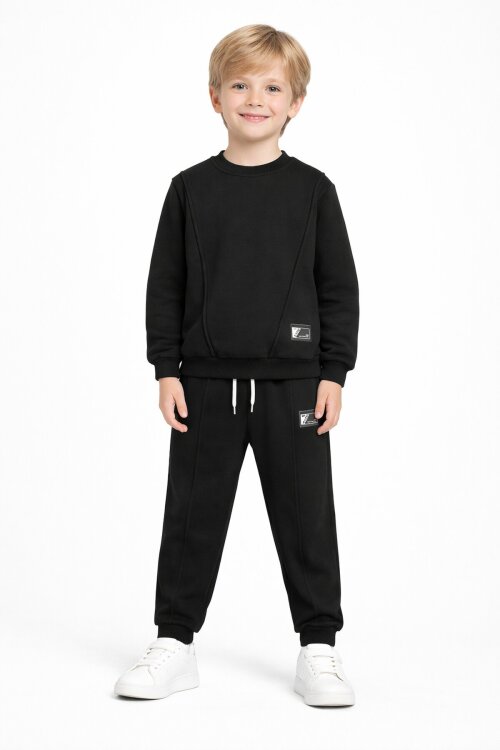 Siyah Erkek Çocuk Arma Detaylı Şardonlu Eşofman Takımı 23349