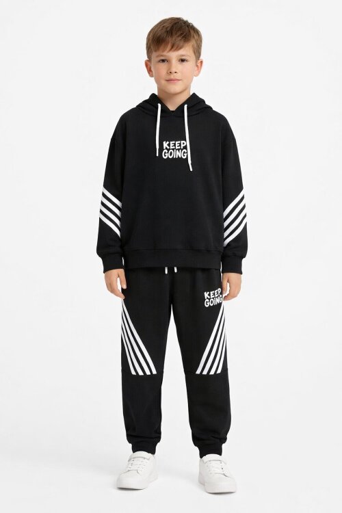 Siyah Erkek Çocuk Keep Going Yazılı Şeritli Erkek Çocuk Kapüşonlu Eşofman Takımı 23416