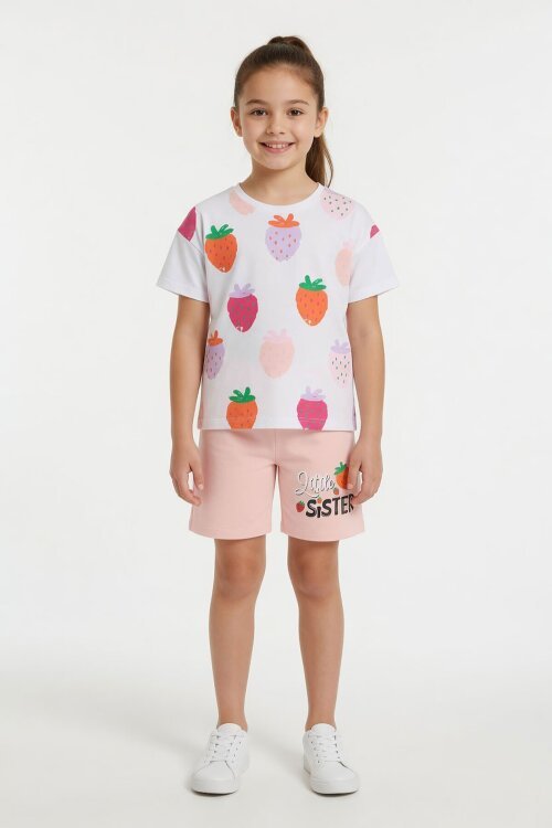 Somon Meyve Desenli Tişörtlü Kız Çocuk Şortlu Yazlık Takım 23963