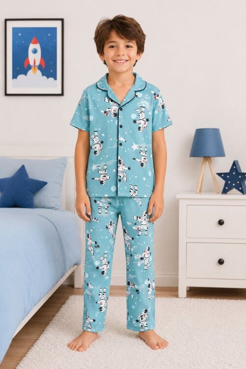 Yeşil Astronot Baskılı Kısa Kollu Erkek Çocuk Pijama Takımı 20569