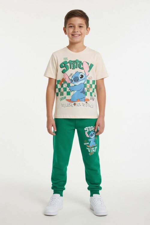 Yeşil Çizgi Karakter Baskılı Tişörtlü Erkek Çocuk Eşofman Takımı 23872