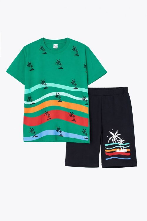 Yeşil Palmiye Desenli Bisiklet Yaka Erkek Çocuk Şortlu Takım 20629