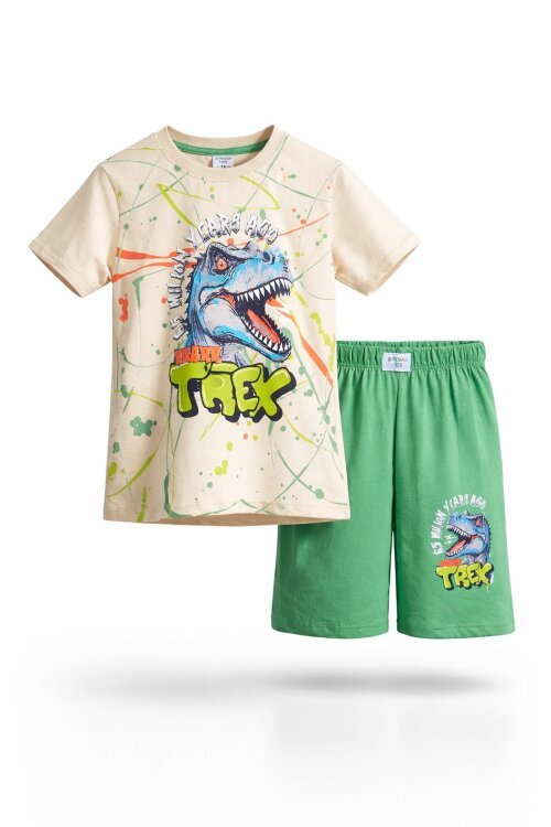 Yeşil T-rex Baskılı Yazılı Erkek Çocuk Şortlu Takım 18708