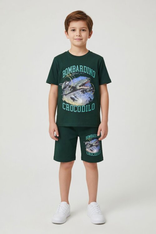 Yeşil Uçak Baskılı Yazılı Tişörtlü Erkek Çocuk Şortlu 2li Takım 23921