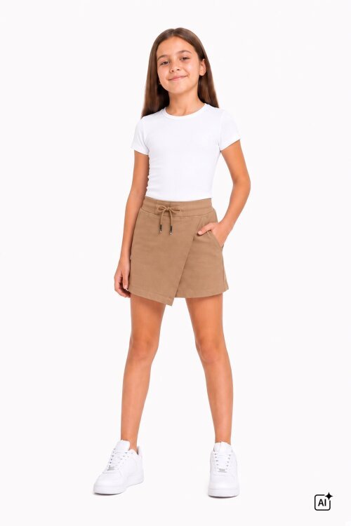 Bej Kız Çocuk Beli Lastikli Basic Okul  Şort Etek  24741