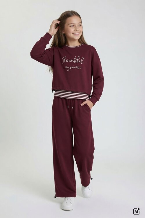Bordo Kız Çocuk Çizgili Croplu Sweatshirt 3lü Geniş Paça Eşofman Takımı 24778