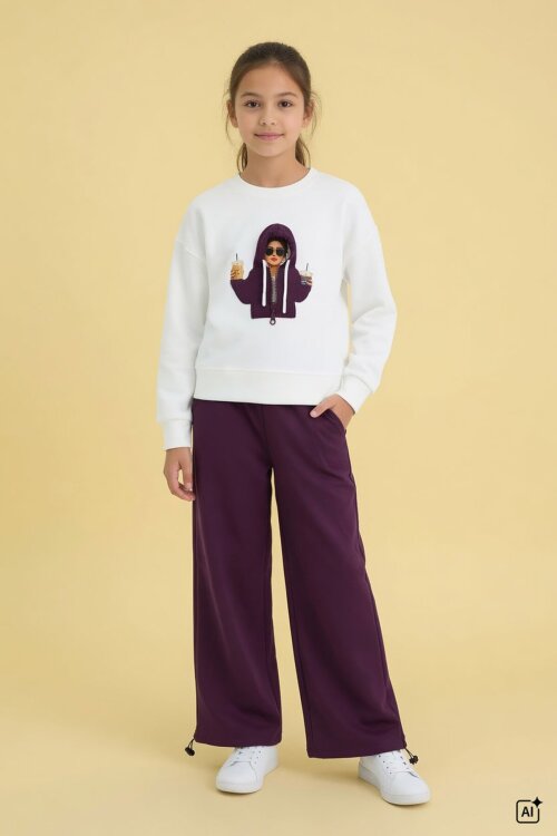 Bordo Kız Çocuk Hoodie Detaylı Sweatshirt Geniş Paça Eşofman Takımı 24781