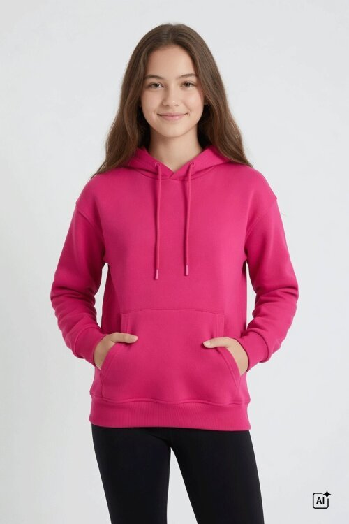 Fuşya Kız Çocuk Kanguru Cepli Şardonlu Kapüşonlu Sweatshirt 24691