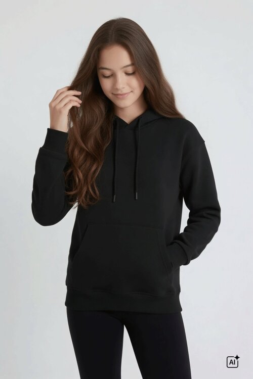 Siyah Kız Çocuk Kanguru Cepli Şardonlu Kapüşonlu Sweatshirt 24687