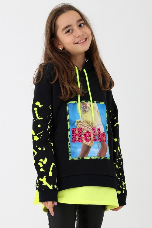 Kız Çocuk Digital Baskılı Kapşonlu Sweatshirt 14053