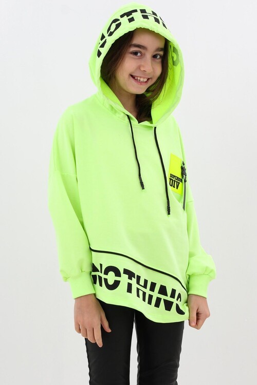 Kız Çocuk Div Yazı Baskılı Oversize Kapşonlu Sweatshirt 14126