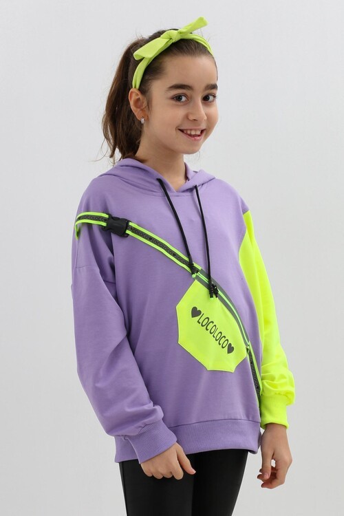 Kız Çocuk Göğüs Cepli Kapşonlu Sweatshirt 9-14 Yaş 14118