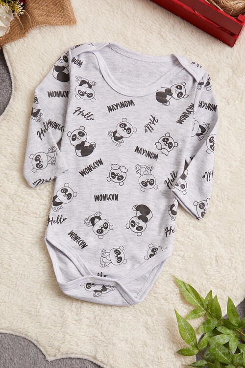 Erkek Bebek Gri Panda Baskılı Uzun Kol Çıtçıtlı Badi 14981
