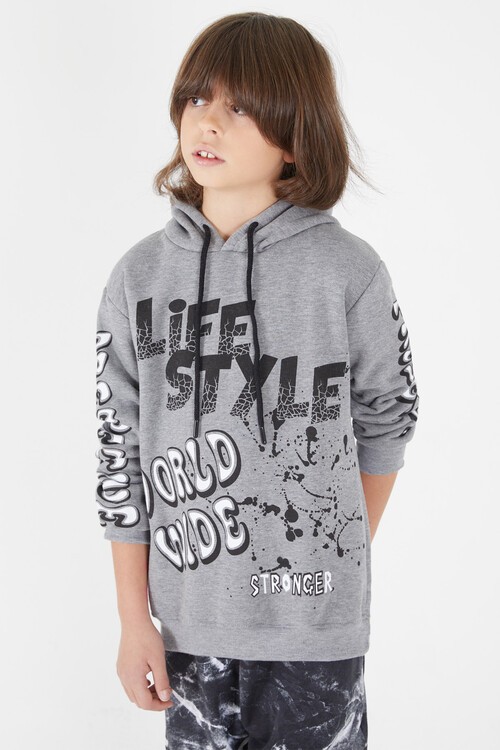 Erkek Çocuk Yazı Baskılı Kapüşonlu Sweatshirt 9-14 Yaş 14147