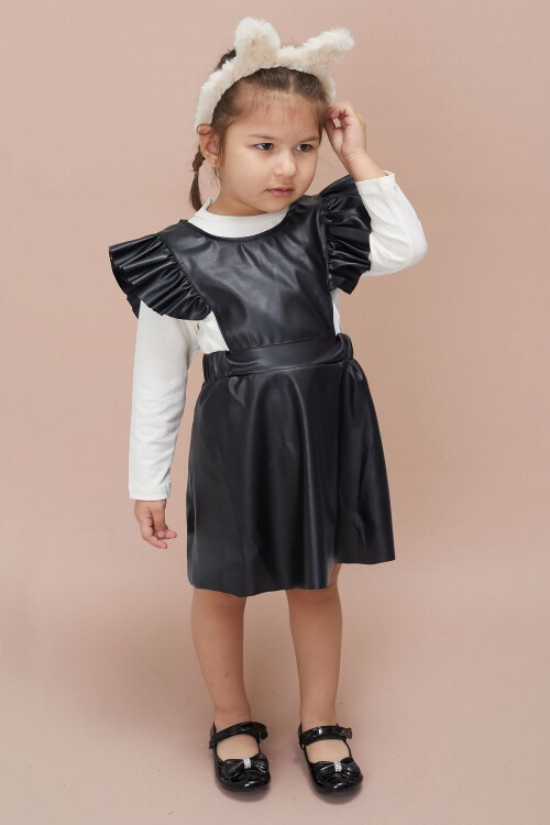 Kız Çocuk Badili 2li Siyah Deri Elbise 15039