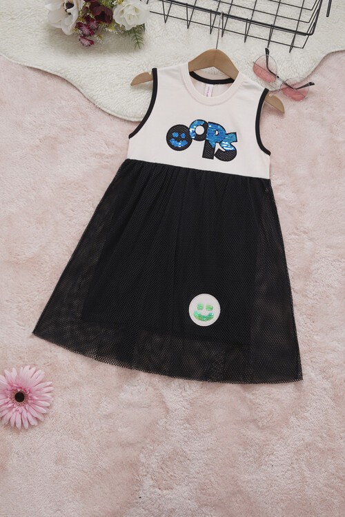 Kız Çocuk Pullu Fileli Sıfır Kol Elbise 14571