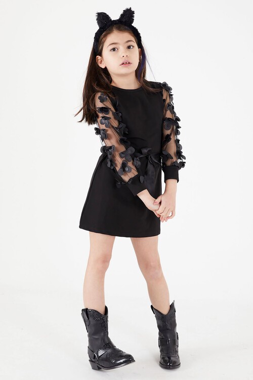 Kolları Tüllü Kuşaklı Kız Tunik Elbise 15037