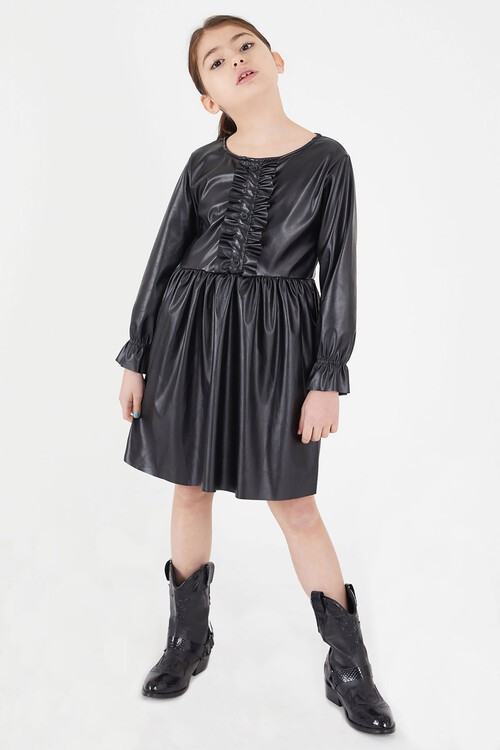 Siyah Uzun Kollu Düğmeli Kız Çocuk Deri Elbise  15034