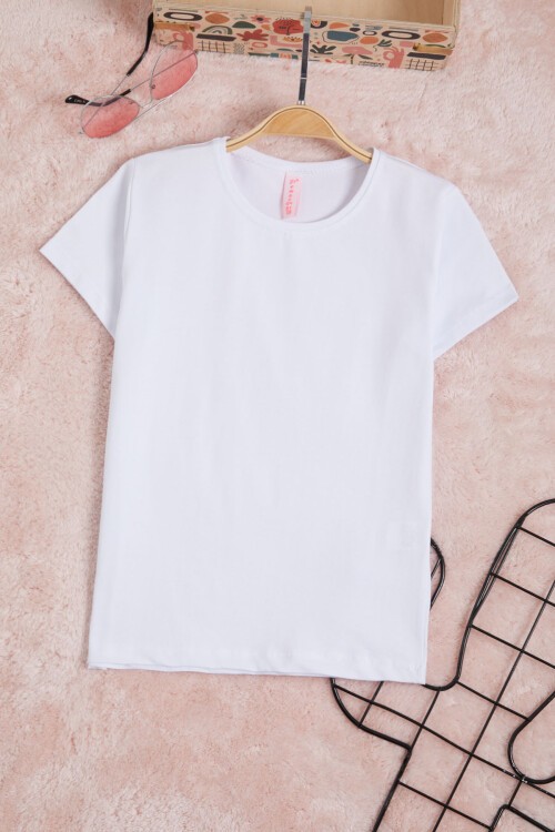 Beyaz Bisiklet Yaka Düz Kız Tişört 15571