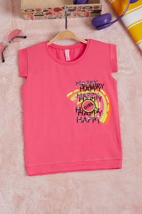 Fuşya Gökkuşağı Nakışlı Kız Çocuk Tişört 15568