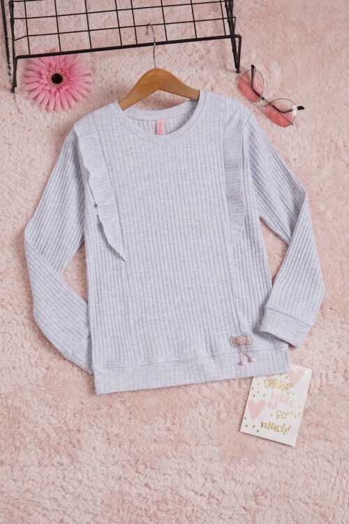 Gri Önü Fırfırlı Fitilli Uzun Kollu Sweatshirt