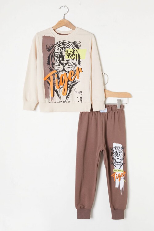 Kahverengi Kaplan Baskılı Erkek Çocuk Eşofman Takımı 16352