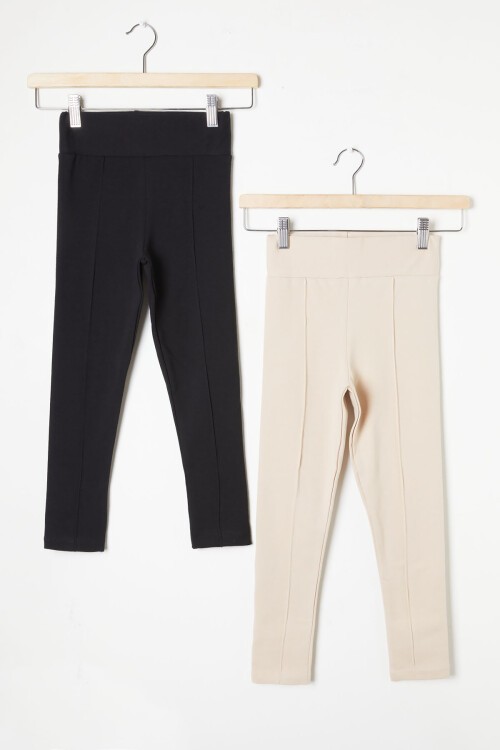 Kız Çocuk 2li Düz Tayt Siyah-Krem 16381