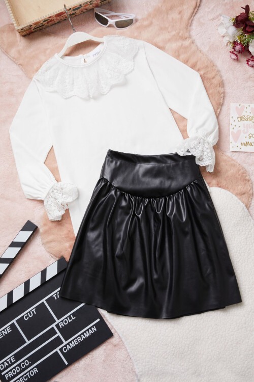 Kız Çocuk Deri Etekli Dantel Detay Bluzlu Takım 15413