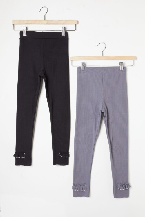 Kız Çocuk Fitilli Fırfırlı 2li Tayt Siyah-Gri 16364