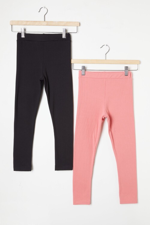 Kız Çocuk Kaşkorse Fitilli 2li Tayt Siyah-Pembe 16368
